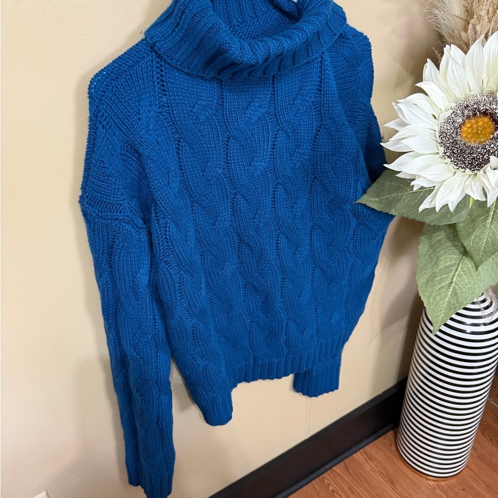 Women's Blue Cable Knit Turtleneck Sweater